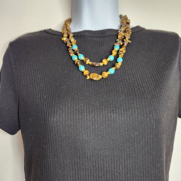 Gemstone Tiger Eye Beaded Necklace 19 in. Double Strand Earthy Boho Healing - Picture 1 of 9